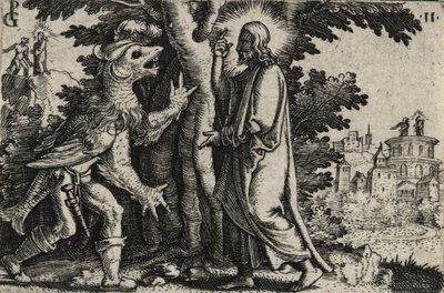 Cristo tentado pelo diabo no deserto (gravura em papel) de Georg Pencz