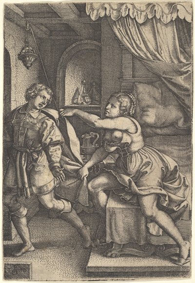 Joseph se afasta da esposa de Potifar, que aperta a capa com as duas mãos enquanto ela ... 1546. de Georg Pencz