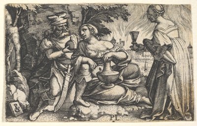 Ló e suas filhas: uma filha no centro repousa o braço direito sobre o joelho de Lots e uma ve ..., ca. 1531 de Georg Pencz