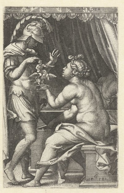 Medeia dá a Jason imagem de Ganimedes com águia Medeia devolve o Penaten a Jasão Medeia (título no objeto) heroínas gregas (título da série) de Georg Pencz