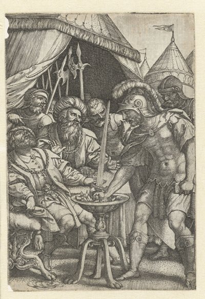 Mucius Scaevola põe a mão direita ao fogo
Heróis romanos (título da série) de Georg Pencz