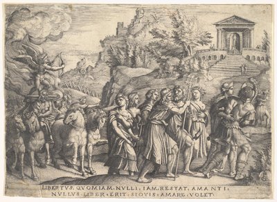Triunfo do Amor: quatro cavalos puxam uma carruagem com Cupido de pé sobre uma platina fumegante ..., ca. 1539 de Georg Pencz