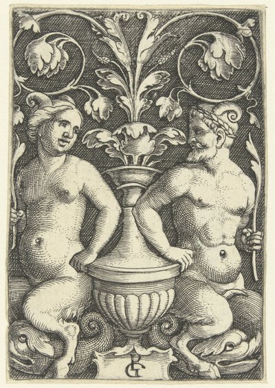 Sátira fêmea e macho
Decorações planas com grotescos e pergaminhos foliares (título da série) de Georg Pencz