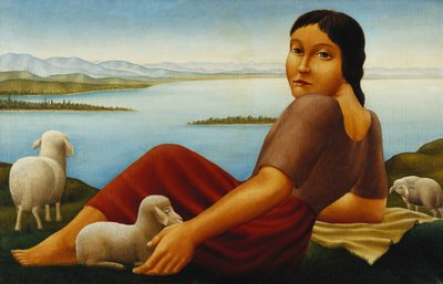 Menina com ovelhas; Menina com ovelhas, 1923 de Georg Schrimpf