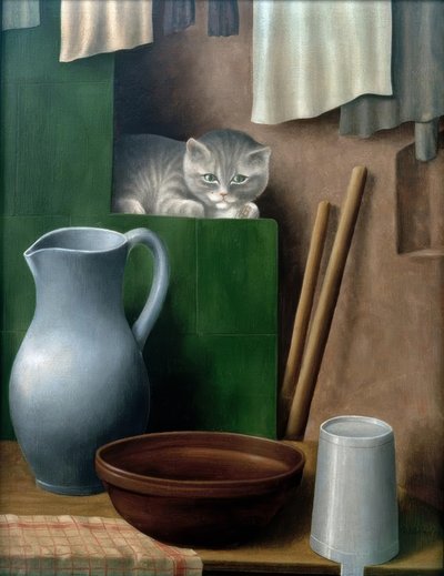 Natureza morta com gato (canto do forno) de Georg Schrimpf