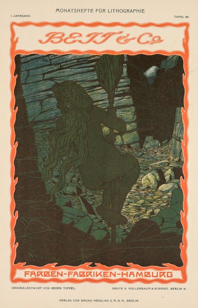 Mulher nua em uma vassoura (da série de anúncios para tecido colorido, Beit & Co., Hamburgo) de Georg Tippel
