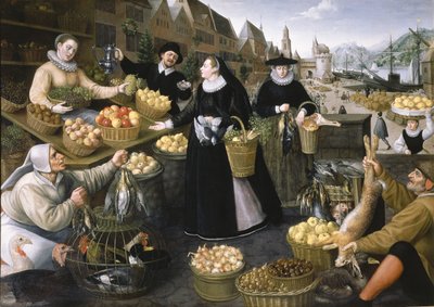 Uma alegoria do outono: uma barraca de frutas e legumes acima do Weinmarkt em Frankfurt am Main de Georg and Valkenborch Lucas Van Flegel