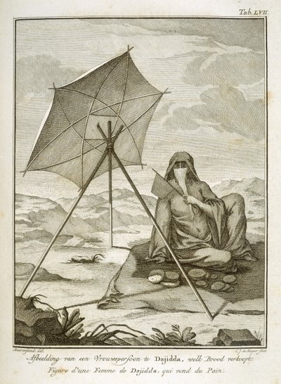 Mulher de Dsjidda fazendo pão sírio no deserto, gravada por CJ de Huyser, publicada c.1772-74 de Georg Wilhelm Baurenfeind