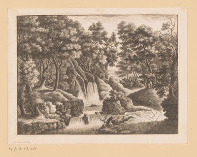 Cachoeira na floresta com dois pescadores em primeiro plano de Georg Wolfgang Knorr (possibly)