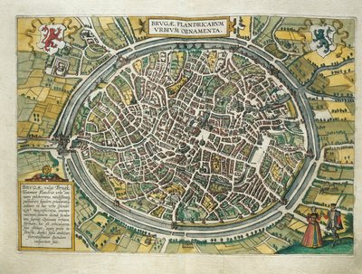 Bélgica, mapa de Bruges de Civitates Orbis Terrarum de Georg Braun (1541-1622) e Franz Hogenberg (1540-1590), Colónia, gravura de Georg Braun and Hogenberg Franz