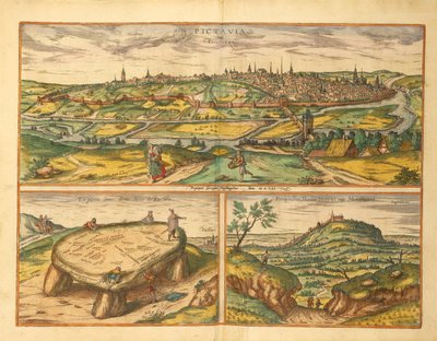 Dolmen perto de Poitiers e da cidade de Poitiers e Montherre de Civitates Orbis Terrarum por Georg Braun de Georg Braun and Hogenberg Franz