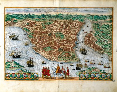 Itália, Milão, Perspectiva da cidade de Constantinpole por Georg Braun (1541-1622) e Franz Hogenberg (1535-1590), gravura a cores de Georg Braun and Hogenberg Franz