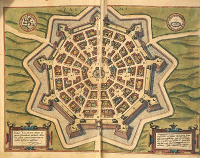 Itália, Palmanova, mapa, gravura de Civitates Orbis Terrarum de Georg Braun e Franz Hogenberg, ativos em Colônia de Georg Braun and Hogenberg Franz