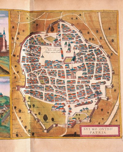 Itália, Sulmona, A cidade de Sulmona de Civitates Orbis Terrarum de Georg Braun e Franz Hogenberg, gravura de Georg Braun and Hogenberg Franz
