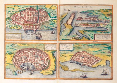 Mapa de Cagliari, Malta, Rodes e Famagusta de Civitates Orbis Terrarum, de Georg Braun de Georg Braun and Hogenberg Franz