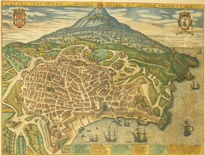 Mapa de Catania de Civitates Orbis Terrarum, de Georg Braun de Georg Braun and Hogenberg Franz