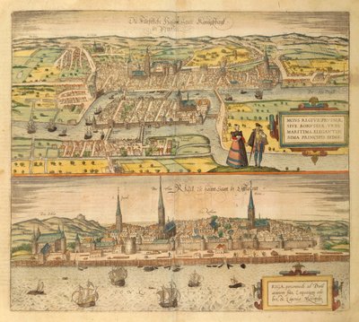Mapa de Konigsberg e Riga de Civitates Orbis Terrarum por Georg Braun de Georg Braun and Hogenberg Franz