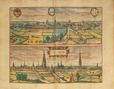Mapa de Lippe e Dortmund de Civitates Orbis Terrarum, de Georg Braun de Georg Braun and Hogenberg Franz