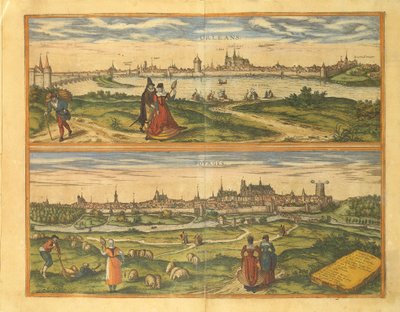 Mapa de Orleans e Bourges de Civitates Orbis Terrarum por Georg Braun de Georg Braun and Hogenberg Franz