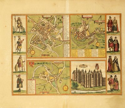 Mapa de York, Shrewbury, Lancaster e Richmond Castle de Civitates Orbis Terrarum, de Georg Braun de Georg Braun and Hogenberg Franz