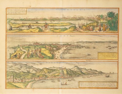 Mapas de Sevilha, Cádiz e Málaga, Espanha, de Civitates Orbis Terrarum, de Georg Braun de Georg Braun and Hogenberg Franz
