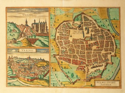 Mapas das regiões Urbino e Sulmona, Abruzzo e Marches, Itália, de Civitates Orbis Terrarum, de Georg Braun de Georg Braun and Hogenberg Franz