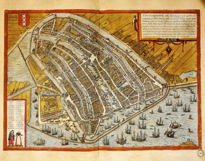 Holanda, Mapa de Amesterdão de Civitates Orbis Terrarum de Georg Braun (1541-1622) e Franz Hogenberg (1535-1590), gravura de Georg Braun and Hogenberg Franz