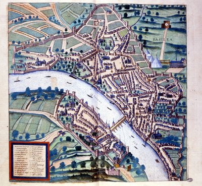 Basileia (Suíça), vista dos olhos das aves - em "Atlas" da Braun & Hogenberg de Georg Braun and Hogenberg Franz