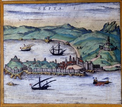 Ceuta, Marrocos, a partir do Atlas "Civitates Orbis Terrarum" de Braun e Hogenberg de Georg Braun and Hogenberg Franz