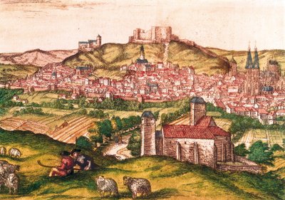 Cidade de Burgos na Espanha com pastores e rebanho de ovelhas em primeiro plano (1576). Gravura em Civitatis Orbis Terrarum, de Georg Braun and Hogenberg Franz