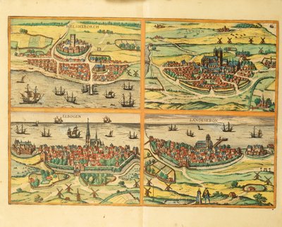 Helsingborg, Lund, Malmo, Elbogen e Landskrona, de Civitates Orbis Terrarum, Colónia de Georg Braun and Hogenberg Franz
