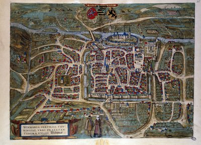 Mapa da cidade alemã de Weimar. Gravura a partir do Atlas de "Braun e Hogenberg" 1572 de Georg Braun and Hogenberg Franz