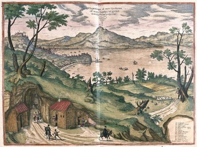 A Baía de Nápoles e a Vesúvia, Itália, em 1579 (gravura de Georg Braun and Hogenberg Franz
