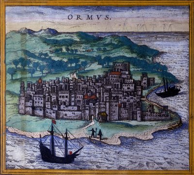 A ilha iraniana de Ormuz ou Hormuz na rota para os Índios após o Atlas "Civitates Orbis Terrarum" de Braun e Hogenberg de Georg Braun and Hogenberg Franz