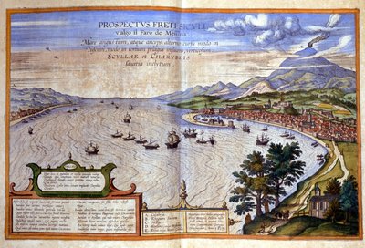 O Estreito de Messina - Calábria fica à esquerda enquanto Messina e Etna ficam à direita na Sicília. Atlas de Braun e Hogenberg de Georg Braun and Hogenberg Franz