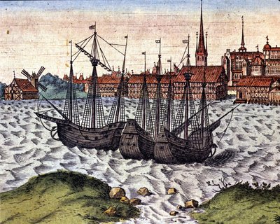 O porto de Lubeck após o Theatrum Orbis Terrarum de Braun e Hogenberg. Século XVII. de Georg Braun and Hogenberg Franz