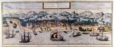 Vista de Kozhikode ou Calicut na Índia a partir do Atlas "Civitates Orbis Terrarum" de Braun & Hogenberg de Georg Braun and Hogenberg Franz
