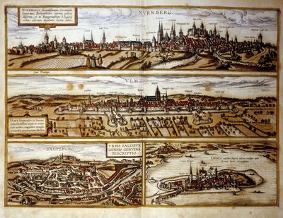 Vista das cidades alemãs de Nuremberga e Ulm, Salzburgo, Áustria. Gravura a partir do Atlas de "Braun e Hogenberg" 1572 de Georg Braun and Hogenberg Franz