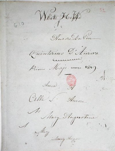 White Hew, página de título de um manuscrito de Aurore Dupin com sua assinatura, maio de 1819 (caneta e tinta sobre papel) de George Sand