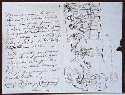 Fonds Lovenjoul E858 Sra. 937 1.219 Carta de George Sand (1804-76) a François Buloz, Editor da "Revue des Deux Mondes", pedindo pagamento e com um desenho animado do escritor se mostrando rodeado de credores de George Sand