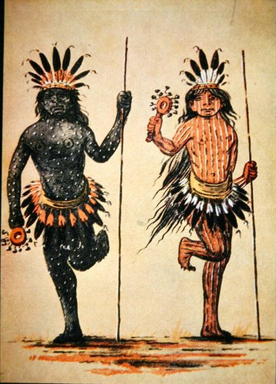 Uma dança tribal Mandan representando 