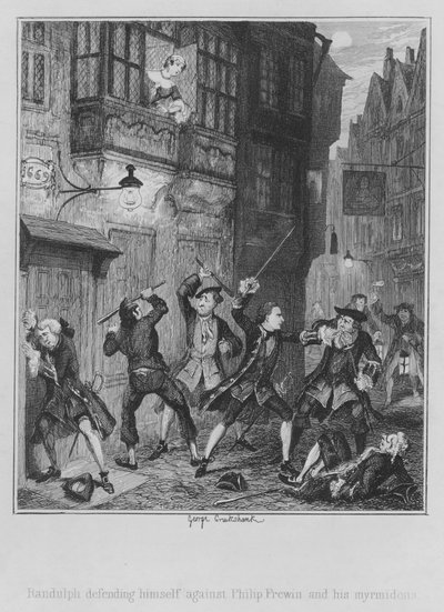 Randulph defendendo-se contra Philip Frewin e os seus mirmidões (gravura) de George (after) Cruikshank