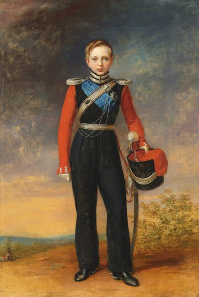 Retrato de Tsesarevich Alexander Nikolaevich com o uniforme do esquadrão cossaco Leib Guard do Mar Negro (óleo sobre tela) de George (after) Dawe