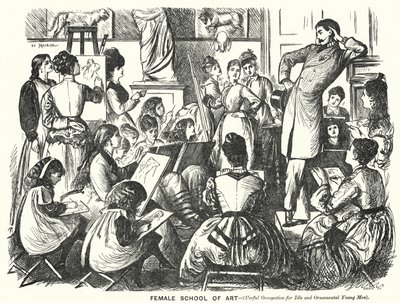 Soco cartoon: Escola de Arte Feminina (Ocupação Útil para Jovens Ornamentais e Ociosos) (gravura) de George (after) Du Maurier