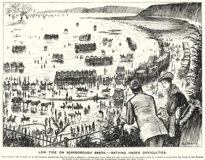 Soco cartoon: Maré Baixa nas Areias de Scarborough - Banho sob Dificuldades (gravação) de George (after) Du Maurier