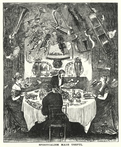 Soco cartoon: O Espiritualismo Tornado Útil (gravura) de George (after) Du Maurier