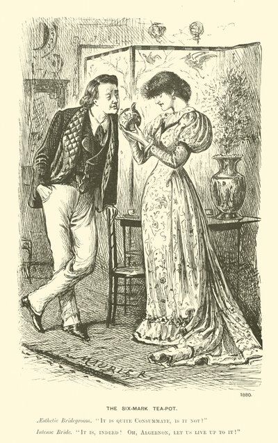O bule de chá de seis marcas (gravura) de George (after) Du Maurier