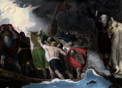 Prospero e Miranda, à direita, de pé na ilha enquanto os marinheiros estão naufragados de George (after) Romney
