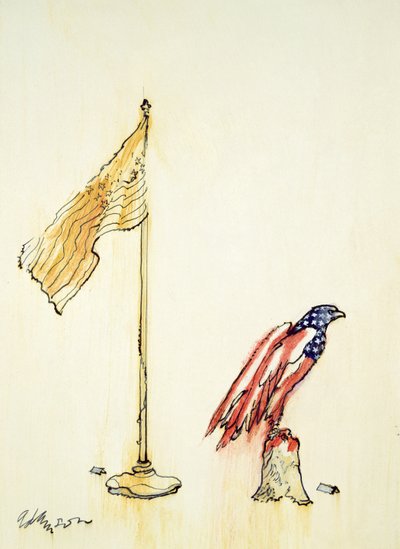 Águia americana adquire coloração de bandeira dos EUA, 1985 (caneta e lavagem de cor a bordo) de George Adamson