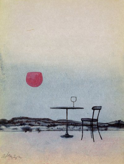 Vinho tinto deslocado de vidro na mesa exterior torna-se o sol poente (caneta com lavagem e guache no cartão) de George Adamson